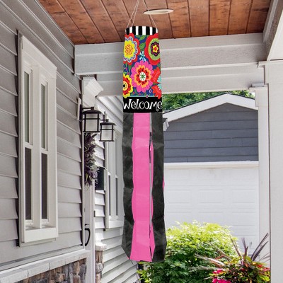 Bright Floral Spring Windsock with Pink and Black Tails