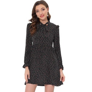 Allegra K Women's Floral Print Tie Neck High Waist Long Sleeve Ruffle Cuff Mini Dress - 1 of 4
