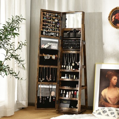 Coffee Rustic Rotatable Lockable Mirrored Jewelry Cabinet
