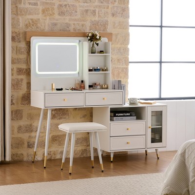JUJABU Modern Expandable Vanity Table with Lighted Mirror, Storage Drawers, Cabinet & Built-in Power Outlet