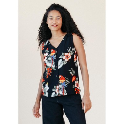 POPLINEN Ada Tropical Print Tank - Black  Large