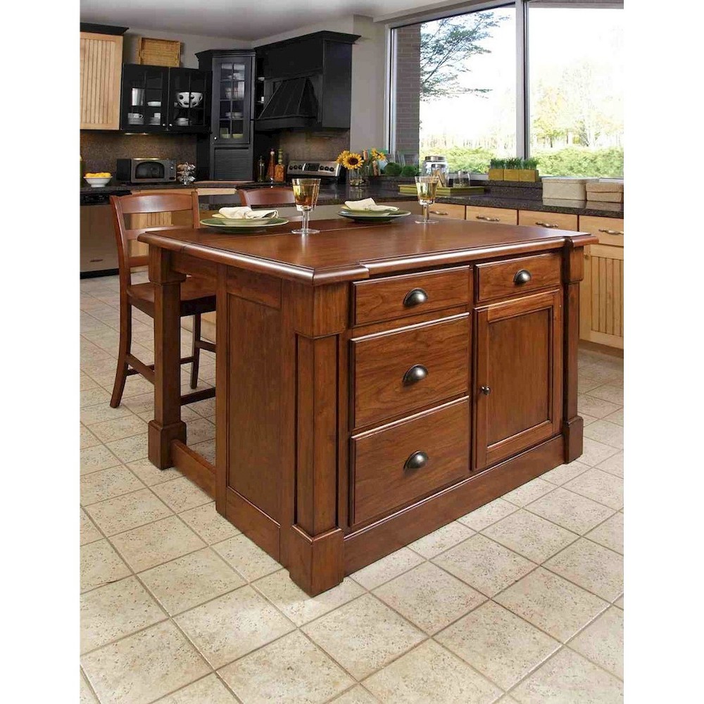 Aspen Rustic Cherry Kitchen Island with 2 Stools Wood/ - Home Styles