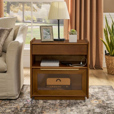 SKRAN Mid Century Farmhouse  Side Cabinet with Charging Station & Outlet Hole & 2 Drawers with Open Shelf &  Drawer for Living Room