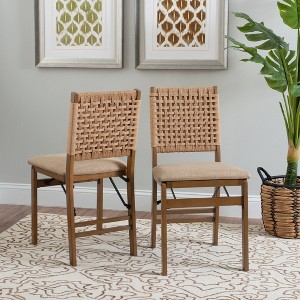 Linon Set of 2 Valley Woven Back Padded Seat Midcentury Modern Folding Chair Natural - 1 of 4