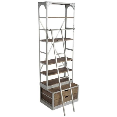 HomeRoots 32" Light Brown And Nickel Metal and Solid Wood Five Tier Library Bookcase with Two Drawers