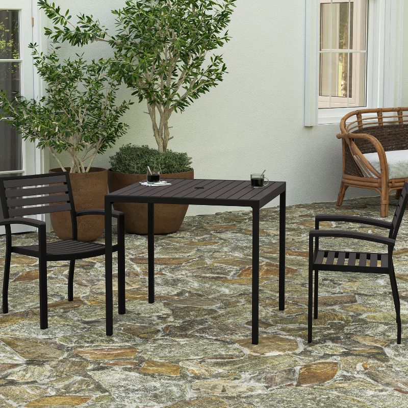 Merrick Lane Faux Teak Outdoor Dining Table with Powder Coated Steel Frame and Umbrella Hole, 2 of 10