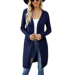 Women's Long Open Front Cardigan with Pockets - Lightweight Knit Duster with Side Slits - 1 of 4
