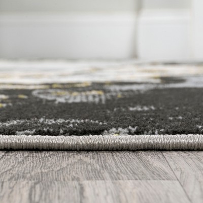 Swirl Marbled Abstract Black and Yellow Runner Rug