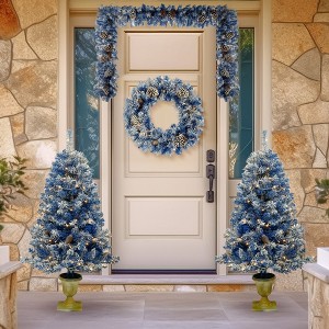 Wikineon Pre-lit Xmas Tree Artificial Christmas 4-Piece Set,Garland, Wreath and Set of 2 Entrance Trees X-mas with LED Lights, Christmas Tree - 1 of 4