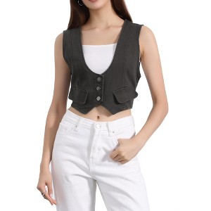 Allegra K Women's Vintage Button-Up Sleeveless Cropped Jean Waistcoat Vest - 1 of 4