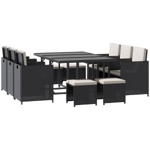 Outsunny 11 PCS Patio Dining Set Outdoor Rattan Wicker Furniture Set with Space Saving Chairs, Glass Top Table and Cushion - 1 of 4