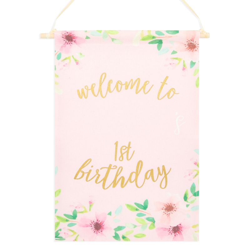 Sparkle and Bash Custom Welcome to 1st Birthday Sign with Sticker, Pink Photo Backdrop Party Decor for Girls, 10 x 11.75 in, 1 of 9