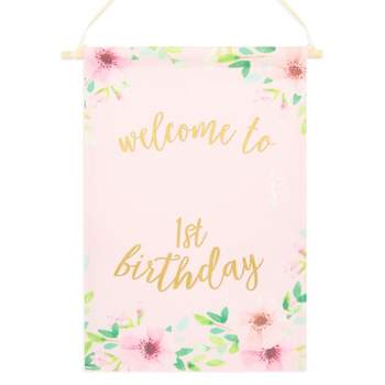 Sparkle and Bash Custom Welcome to 1st Birthday Sign with Sticker, Pink Photo Backdrop Party Decor for Girls, 10 x 11.75 in