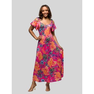 24seven Comfort Apparel Womens Pink Paisley Cold Sholder Ruffle Sleeve A Line Maxi Dress - 1 of 4