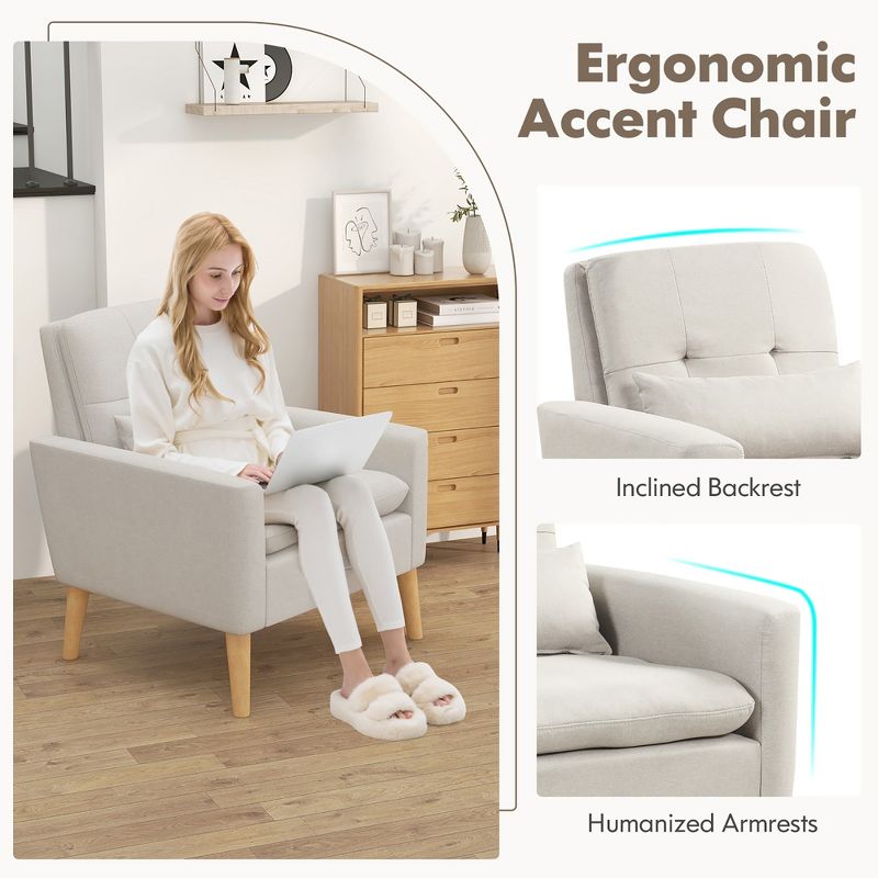 Tangkula Mid-century Modern Accent Chair Linen Fabric Reading Armchair w/ Lumbar Pillow Beige, 4 of 9