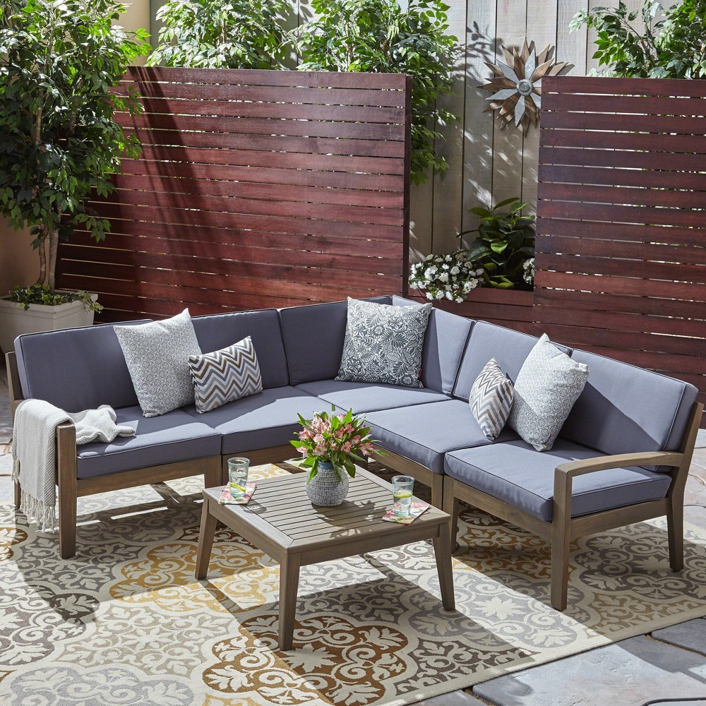 Photos - Garden Furniture Grenada 6pc Acacia Sectional Sofa Set - Gray/Dark Gray - Christopher Knigh