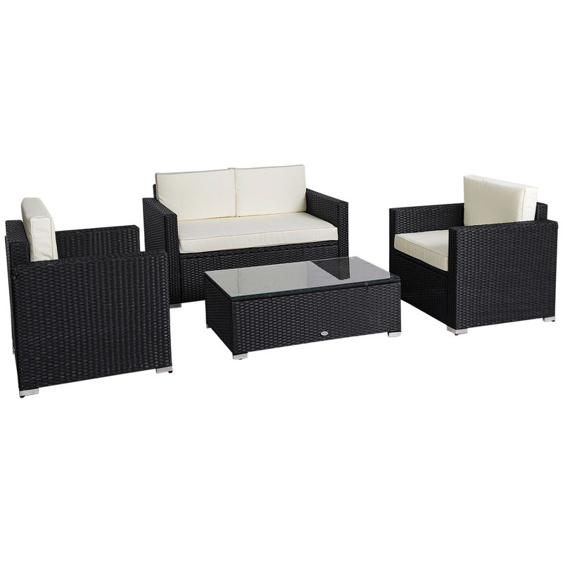 Outsunny 4-Piece Rattan Wicker Furniture Set, Outdoor Cushioned Conversation Furniture with 2 Chairs, Loveseat, and Glass Coffee Table, 1 of 12