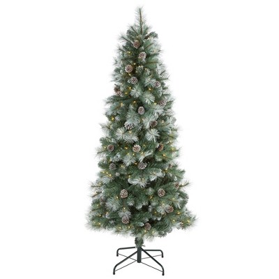 Nearly Natural 6-ft Frosted Tip British Columbia Mountain Pine Artificial Christmas Tree with 250 Clear Lights, Pine Cones and 588 Bendable Branches