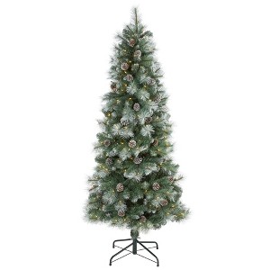 Nearly Natural 6-ft Frosted Tip British Columbia Mountain Pine Artificial Christmas Tree with 250 Clear Lights, Pine Cones and 588 Bendable Branches - 1 of 4