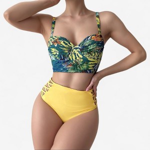 Anna-Kaci Women's Tropical Print Longline Bikini Top with High Waist Bottom and Lattice Side Details - 1 of 3