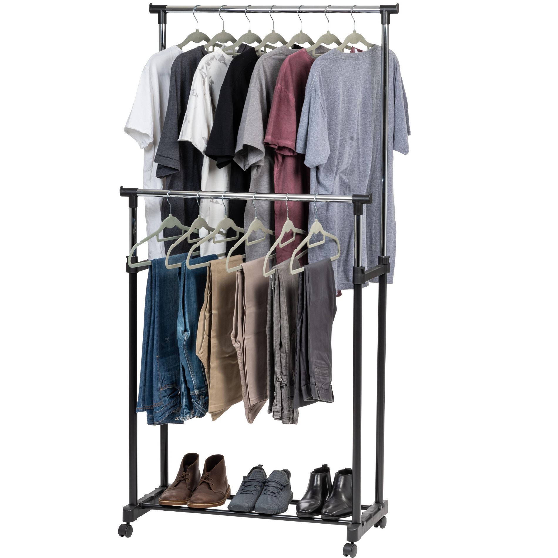 IRIS USA Adjustable Double Rod Clothes Rack, Garment Rack, Clothing Rack with Wheels