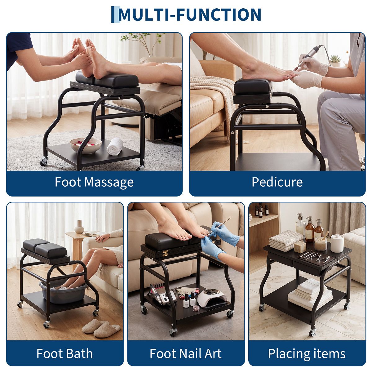 Pedicure Cart with Wheels & Leg Pads Salon Trolley, Rolling Foot Care Station with Rubber Casters & Foam Footrest for Spa & Home Use - thumbnail 4