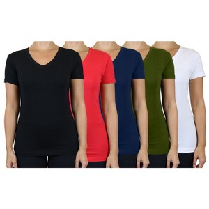 Blu Rock Women's Loose Fit  Short Sleeve V-Neck Cotton Stretch Tees-5 Pack - 1 of 2
