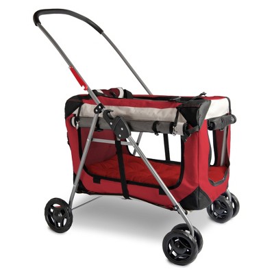 Red Foldable Pet Stroller with Detachable Carrier