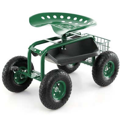 Tangkula Rolling Garden Cart Wagon Scooter w/ 360° Swivel Seat & Storage Tray & Basket