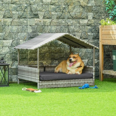Wicker Dog House with Canopy,38'' Outdoor Rattan Dog Bed with Water Resistant Cushion for Small and Medium Dogs-LAOTIES