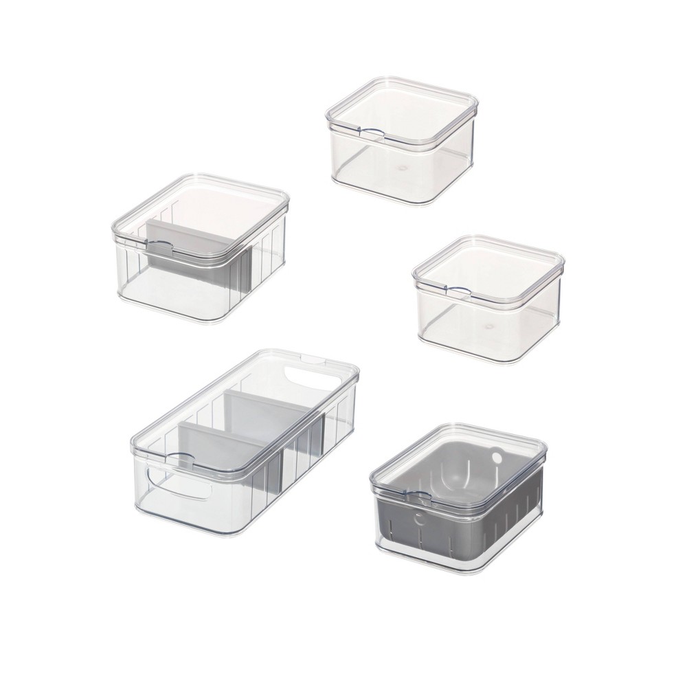 iDESIGN 5pc Recycled Plastic Refrigerator Organizer Bin Set with Lids Gray