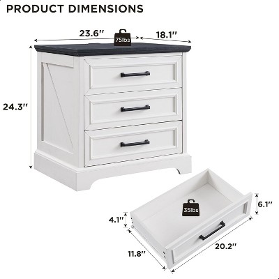 24" White and Black Farmhouse Nightstand with 3 Drawers and Charging Station