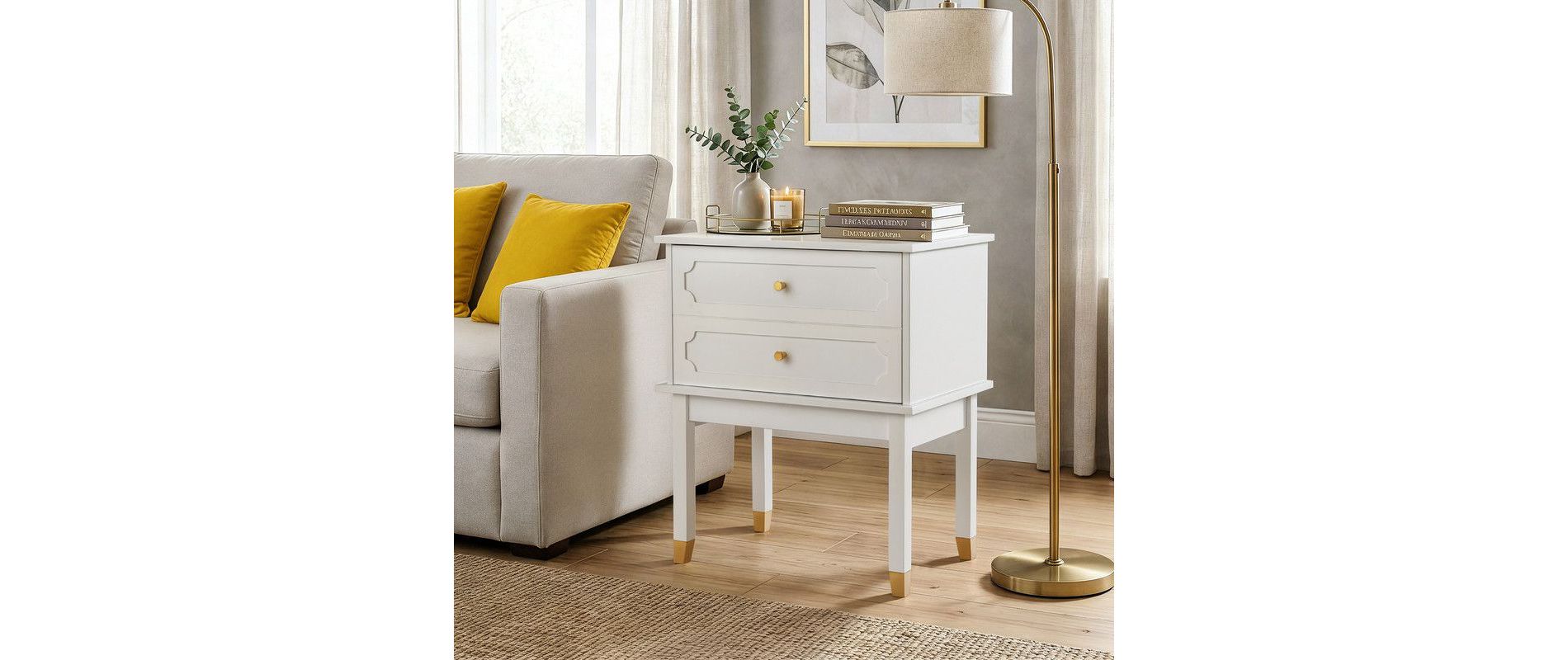 Karl Home White P2 MDF Nightstand Solid Wood Legs Faux 2 Drawers 23.6 Inch