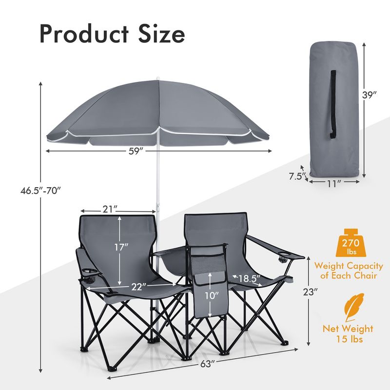 Portable Folding Picnic Double Chair W/Umbrella Table Cooler Beach Camping Turquoise\Black\Red\Gray, 4 of 11