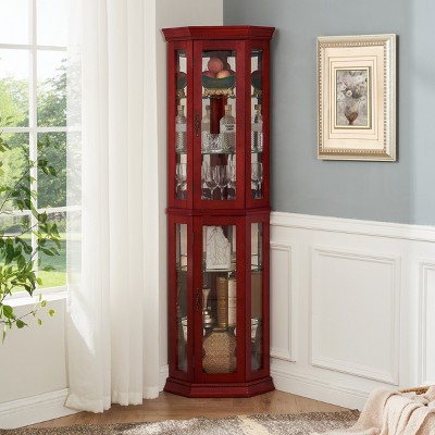 FURNIinspire Utility Storage Cabinets Corner Cabinet, Glass Display Shelf Bar Showcase For Living Room, Collections, Brown, 15.39"*15.39"*69.49"