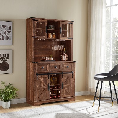 OKD 72" Bar Cabinet with Sliding Barn Door, Large Kitchen Buffet with Hutch w/Wine & Glasses Rack, 3 Drawers, 12 Storage Shelves