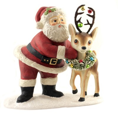 Christmas 12.5" Retro Santa With Reindeer. Claus Bells Antlers  -  Decorative Figurines