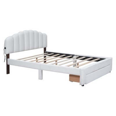 HomeRoots White Tufted Boucle Lighted Queen Bed Frame With USB And Drawer