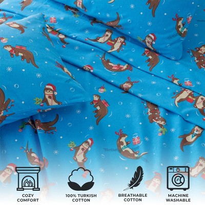 Full Size Otters in Snow Blue Cotton Flannel Sheet Set