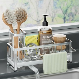 Sponge Holder for Kitchen Sink, Self-draining Sink Caddy with Brush and Dishcloth Holders, Stainless - 1 of 4