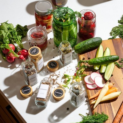 Clear Glass Spice Jars with Bamboo Lids and Labels Set