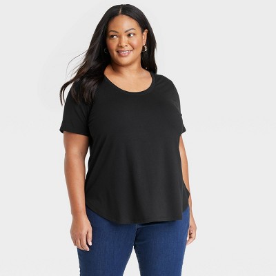 Ava & Viv Women's Plus Size Short Sleeve Pointelle Tie Top - Black