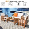 Costway 4PCS Patio Solid Wood Furniture Set Conversation Coffee Table W/White Cushion - 4 of 4