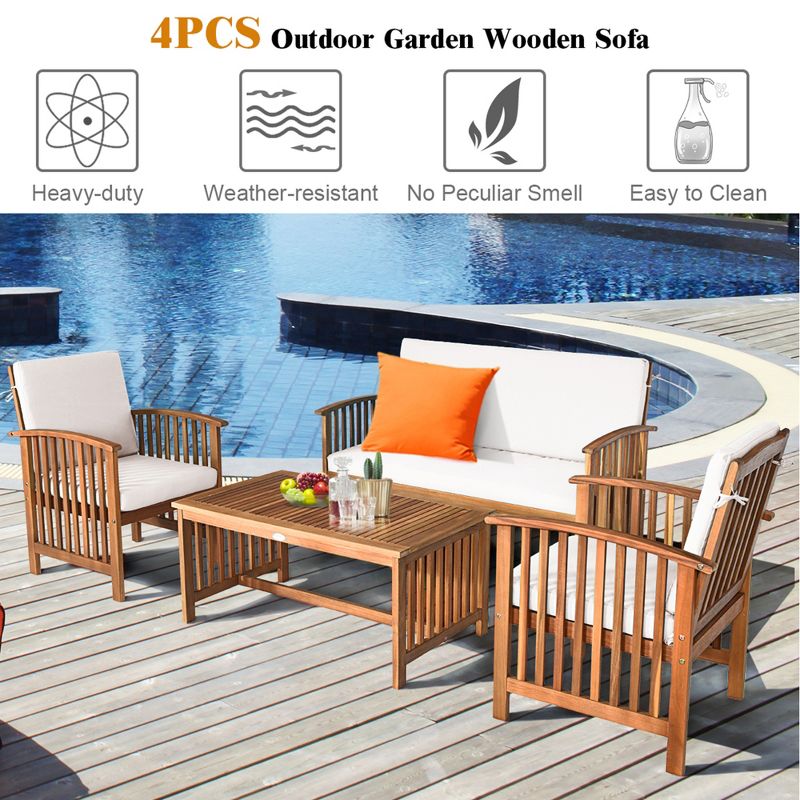 Costway 4PCS Patio Solid Wood Furniture Set Conversation Coffee Table W/White Cushion, 4 of 11