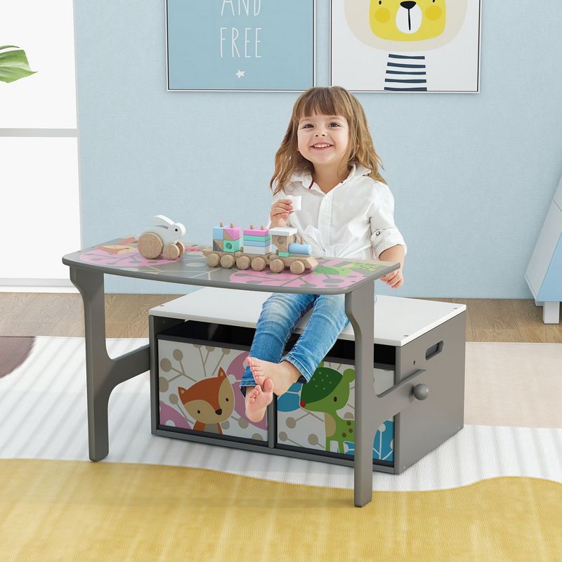 Costway 3 in 1 Kids Convertible Activity Bench Children Table & Chair Set with 2 Bins Grey/White, 4 of 11