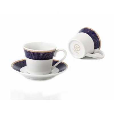 Elegant Blue and Gold Ceramic Espresso Cup and Saucer Set