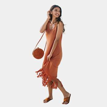 Women's Burnt Orange Sleeveless Fringe Midi Dress - Cupshe