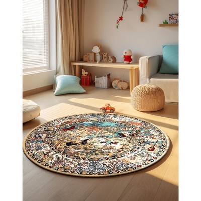 Round Tan and Blue Synthetic Stain-Resistant Area Rug