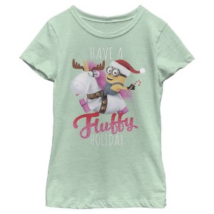 Girl's Despicable Me Christmas Minions Have A Fluffy Day Unicorn T-Shirt - 1 of 3