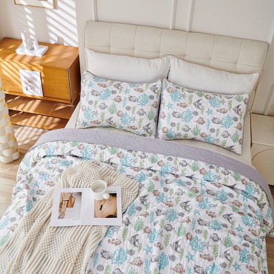 King Size Ocean Fish & Seaweed Bedding Set, 3-Piece Underwater Theme Comforter with 2 Pillowcases, Kids Boys Girls Bedroom Decor